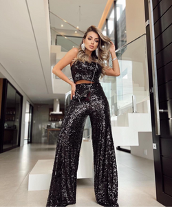 Coordinato Patty con Top e pantaloni palazzo in paillettes coordinati