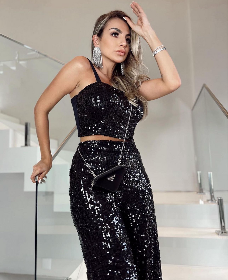 Coordinato Patty con Top e pantaloni palazzo in paillettes coordinati