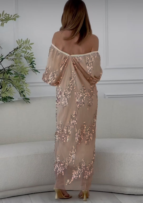 Vestito Long Dress nude  in tulle foderato con paillettes vestibilita morbida comoda Made in Italy taglie 38 alla 56